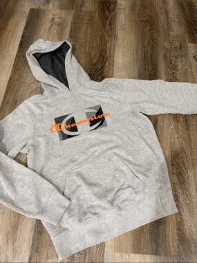 Champion Gray Hoodie with Orange Script Logo kids XL